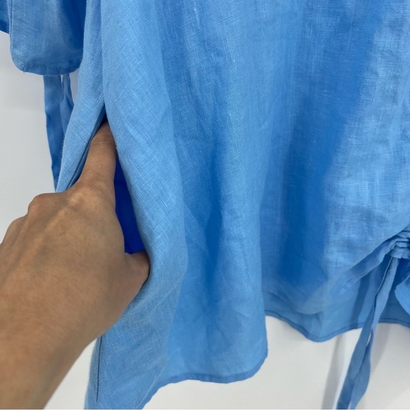 IC by Connie K Blue 100% Linen Drawstring Ruched 3/4 Sleeve Tunic Blouse Medium - Picture 3 of 9